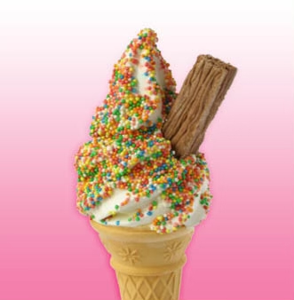 Soft serve cone with freckles and flake